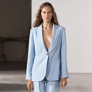 Zara Straight Cut Single Button Blazer Size Large Blue
